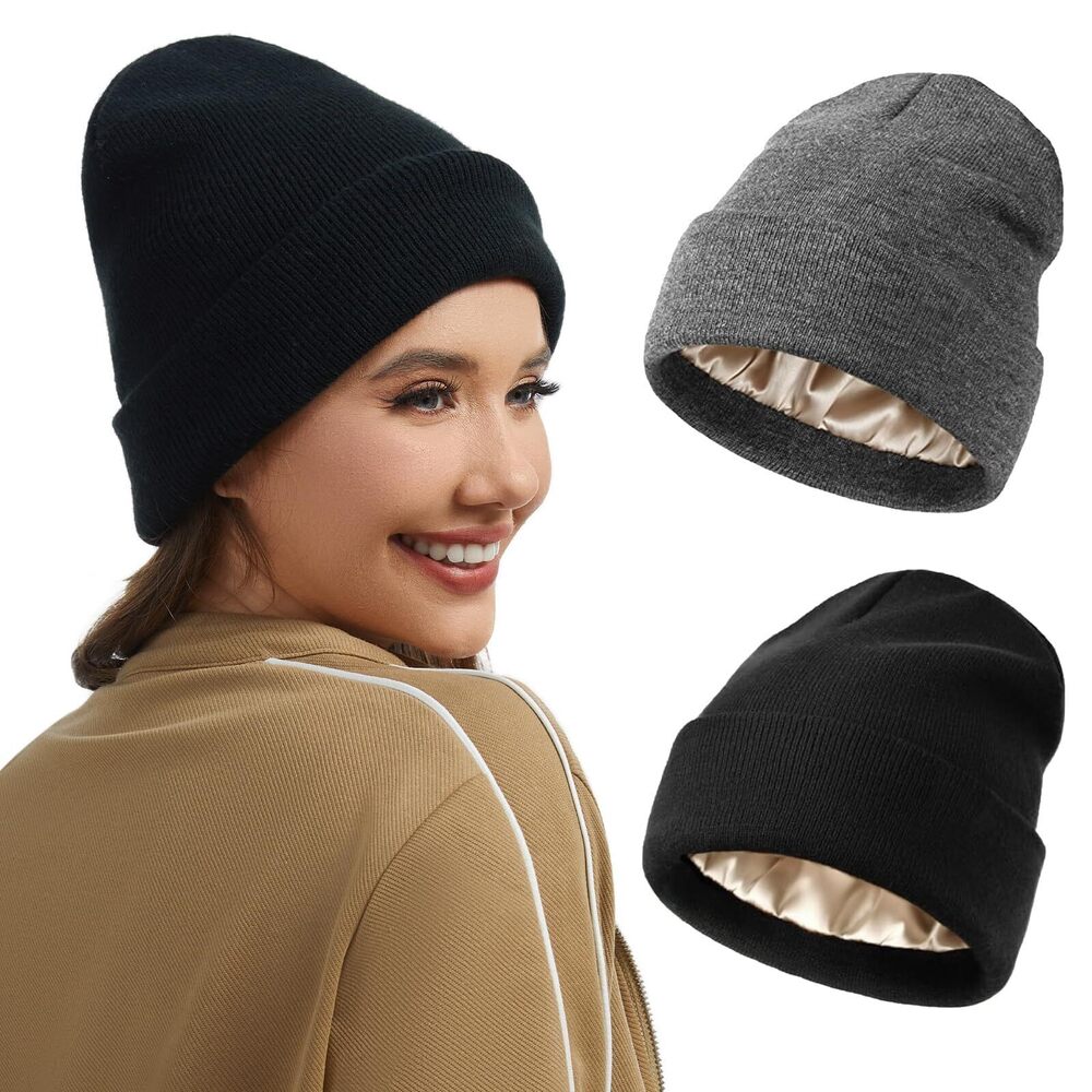 8310 2 Pack Beanie Hats & Winter, Satin Lined Beanies, Double Layer Warm
